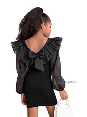 Girls Mesh Ruffle Layered Tie Back Lantern Sleeve Pencil Mini Dress